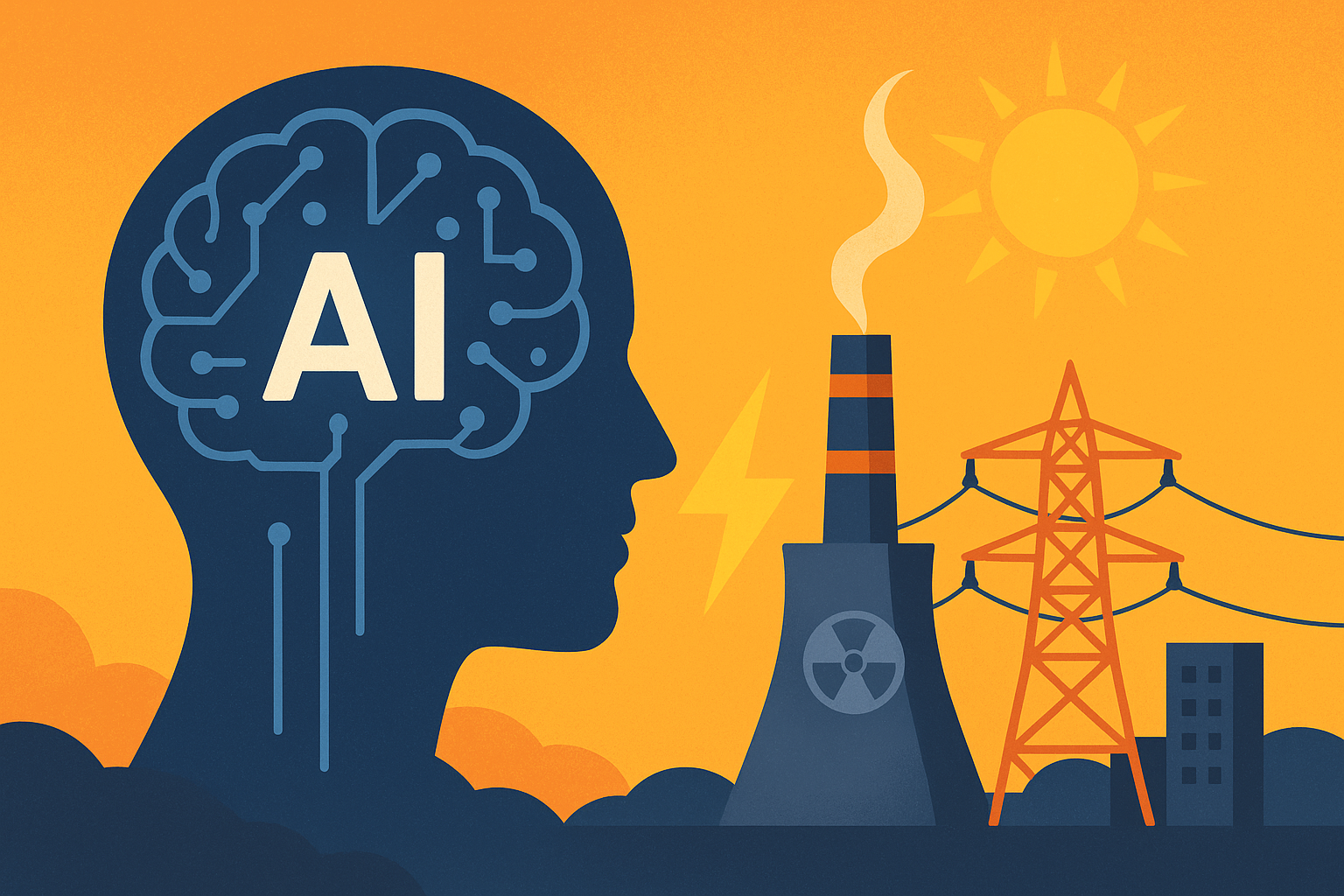 Illustration showing a human head with AI circuitry connected to a power plant, electrical grid, and sun symbolizing the fusion of artificial intelligence and the energy sector.
