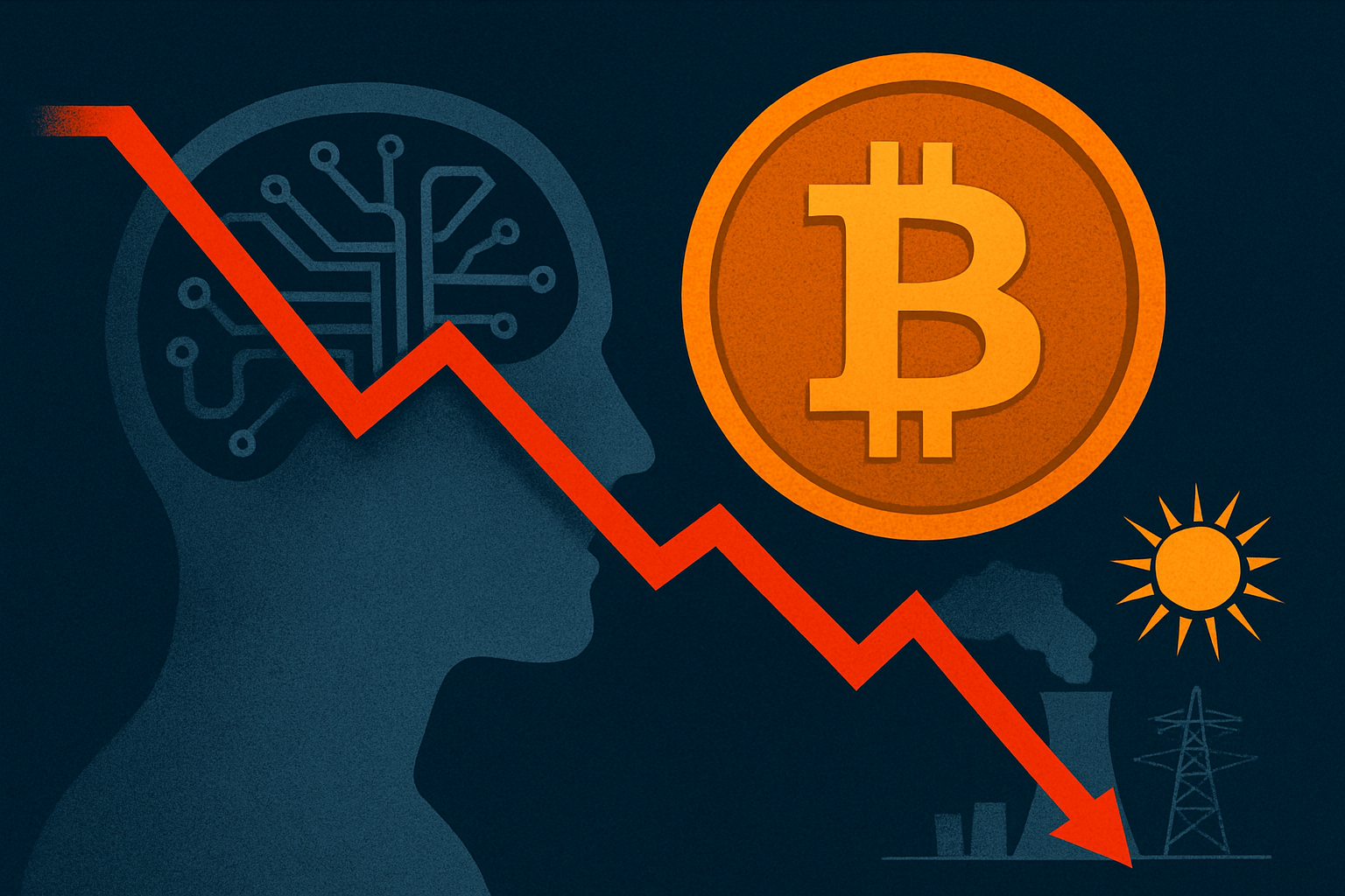 Illustration showing a large orange Bitcoin symbol against a dark backdrop with a red downward graph line, symbolizing a decline in Bitcoin prices and fading investor sentiment.
