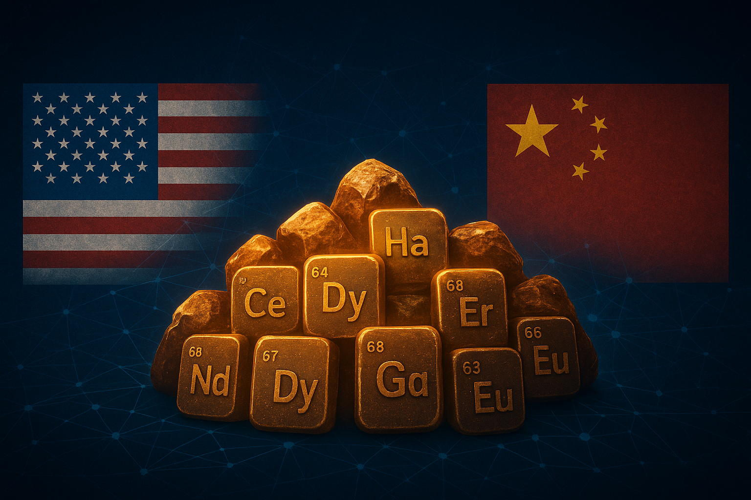Symbolic illustration showing glowing rare-earth metal elements surrounded by U.S. and China flags with a supply chain network overlay.