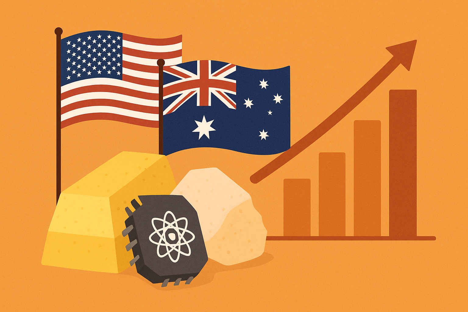Stylized illustration showing the U.S. and Australian flags connected by mineral supply routes with mining symbols and industrial infrastructure in the background.