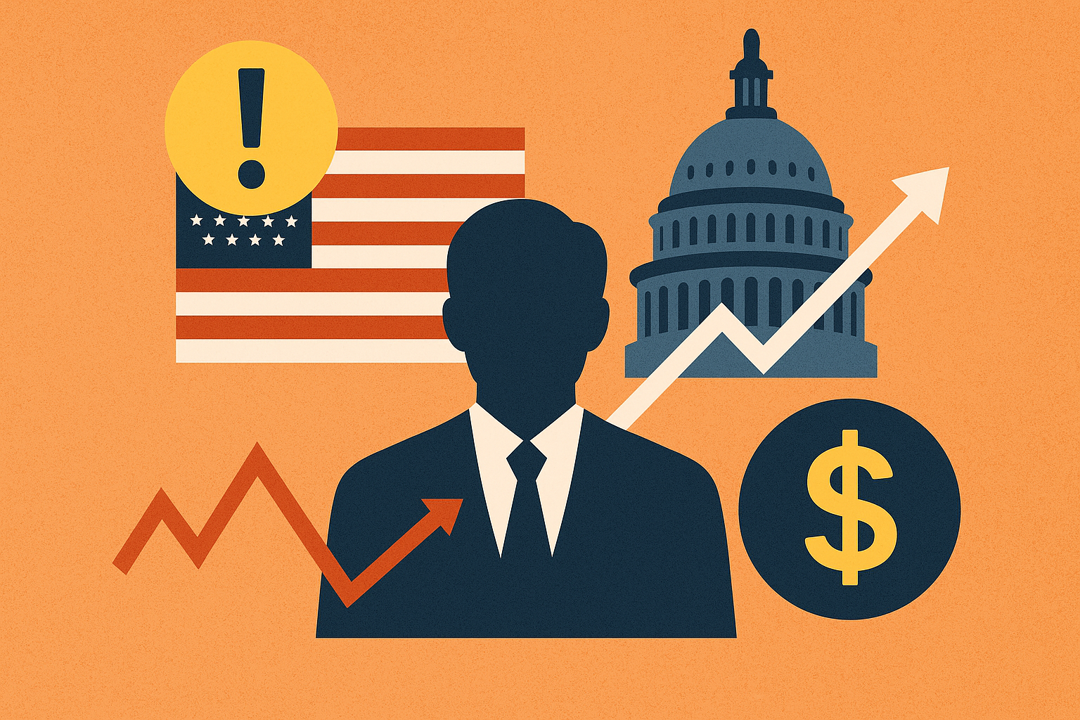 Illustration showing a suited figure standing between the U.S. Capitol, flag, and financial symbols like a dollar sign and rising market graph, representing the link between politics and markets.
