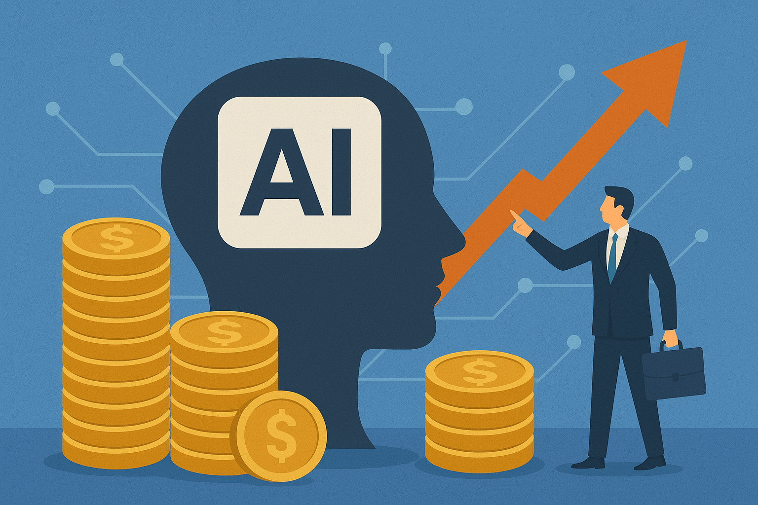Illustration showing a businessman pointing to a rising arrow beside a human head silhouette labeled “AI,” surrounded by gold coins symbolizing artificial intelligence investment growth.