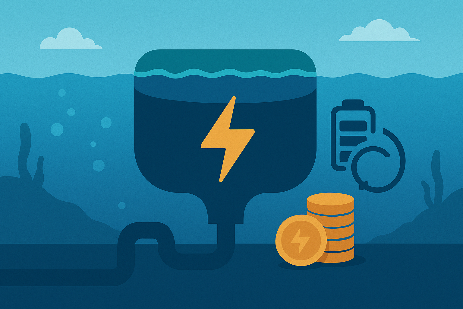 Illustration of an underwater energy storage system with a lightning bolt symbol, submerged reservoir, rising bubbles, and golden coins representing investment in long-duration grid storage technology.