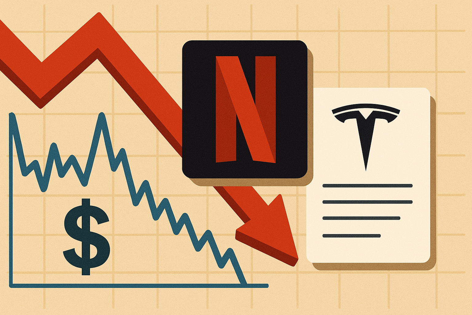 Illustration showing Netflix and Tesla logos with a downward red arrow and fluctuating stock chart symbolizing market volatility.