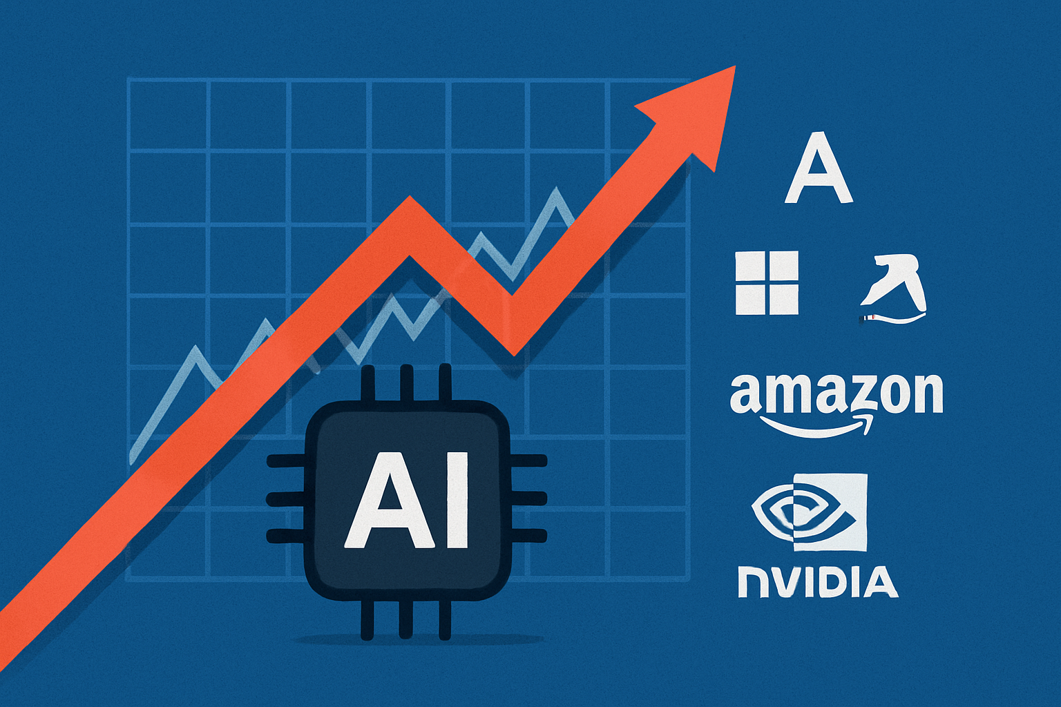 A symbolic digital illustration showing a futuristic mountain with glowing AI circuits and investors scaling upward, representing early stages of AI-driven market growth.