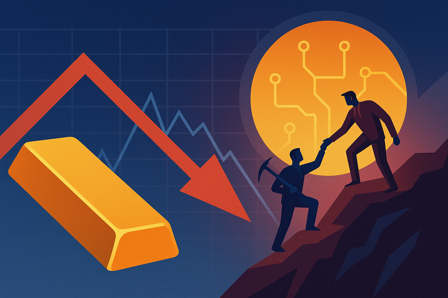 Illustration showing a gold bar and a red downward arrow symbolizing falling gold prices, with two miners climbing a rocky slope toward a glowing digital sphere representing the future of critical minerals.
