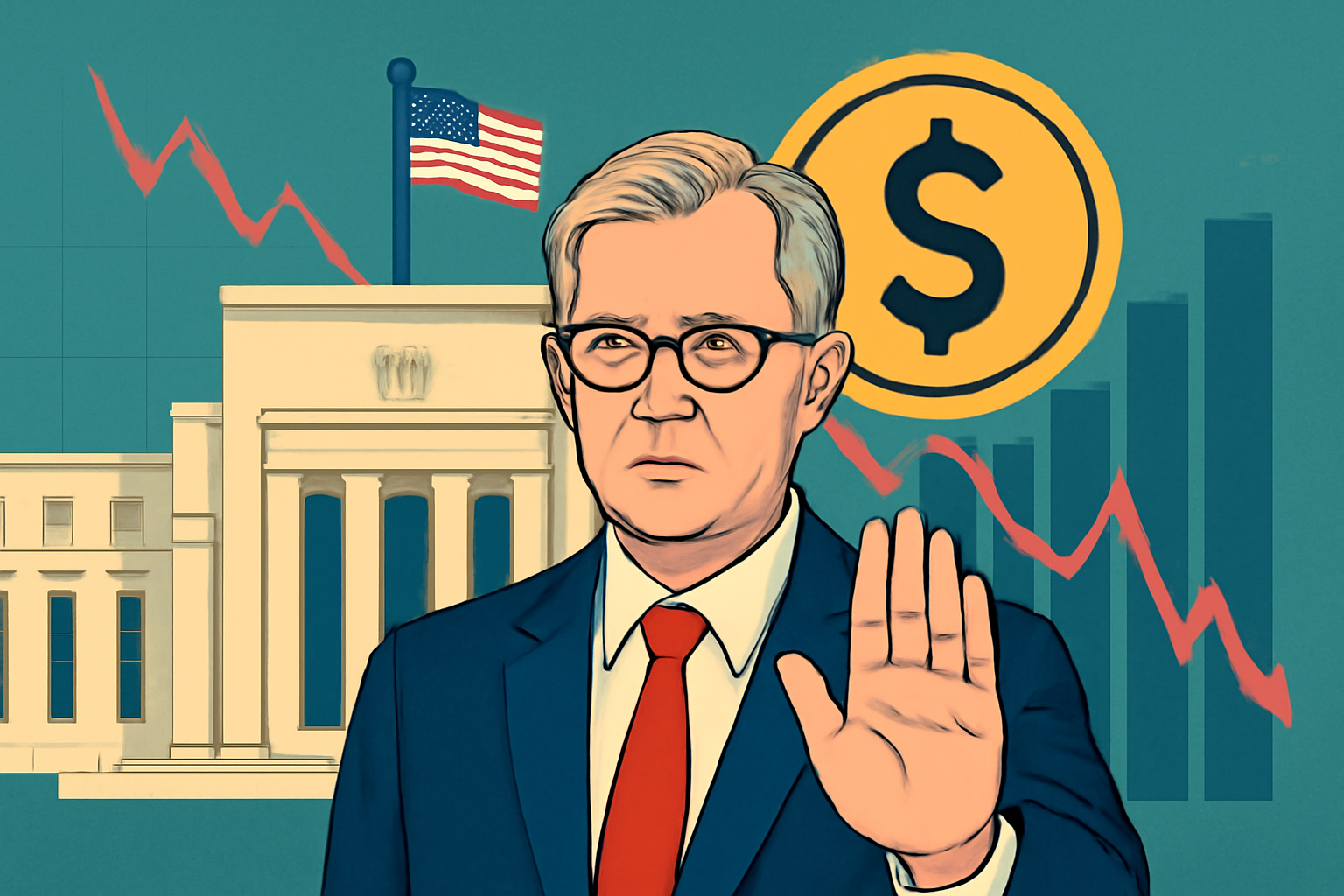 A middle-aged man in a navy suit and glasses, holding up his hand in a "stop" gesture, in front of the Federal Reserve building, a dollar symbol, and financial graphs.