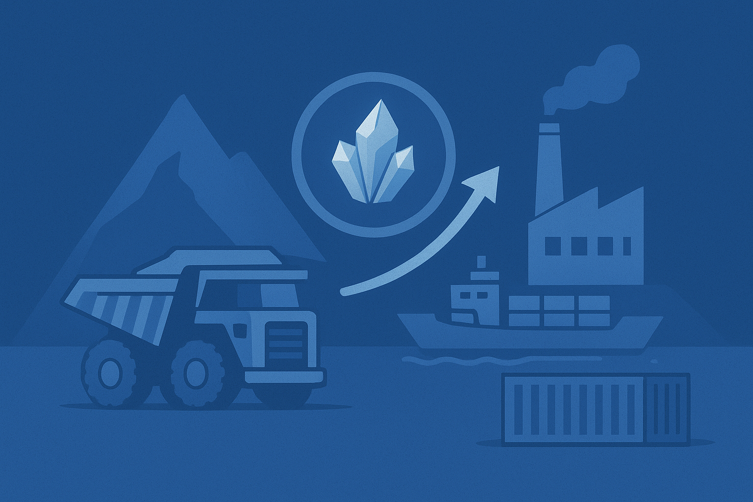 Illustration showing a mining truck, crystal icon, cargo ship, and factory symbolizing the global critical-minerals supply chain.