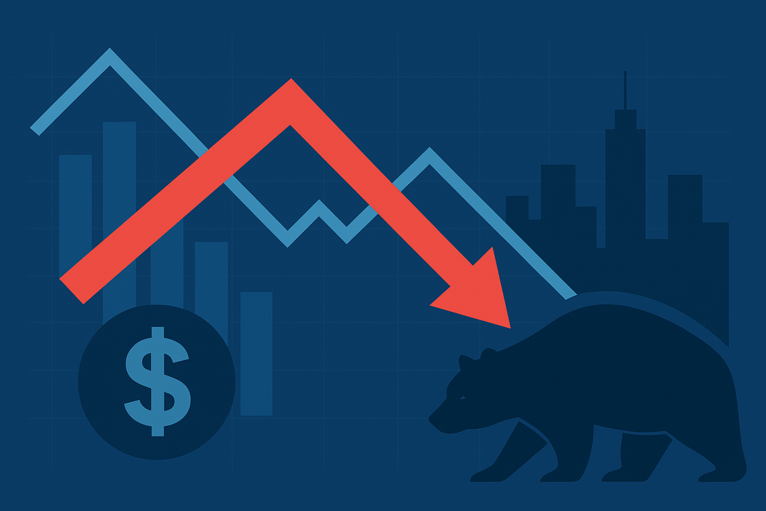 Abstract illustration showing red and blue market graphs fluctuating against a world map, symbolizing global stock volatility and trade uncertainty.