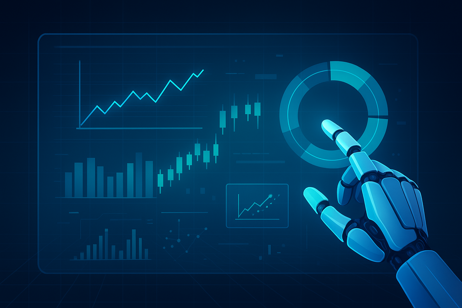 A robotic hand interacting with holographic financial charts including candlesticks and circular analytics, symbolizing artificial intelligence in investment management.