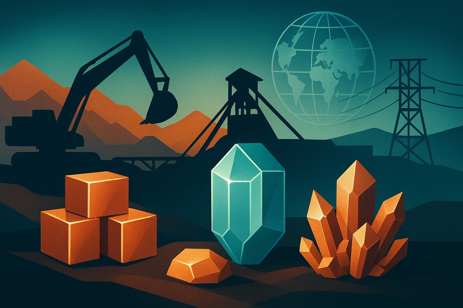 Illustration of a mining scene with excavators, power lines, and glowing copper and crystal-like minerals symbolizing critical resources for clean-energy technologies.
