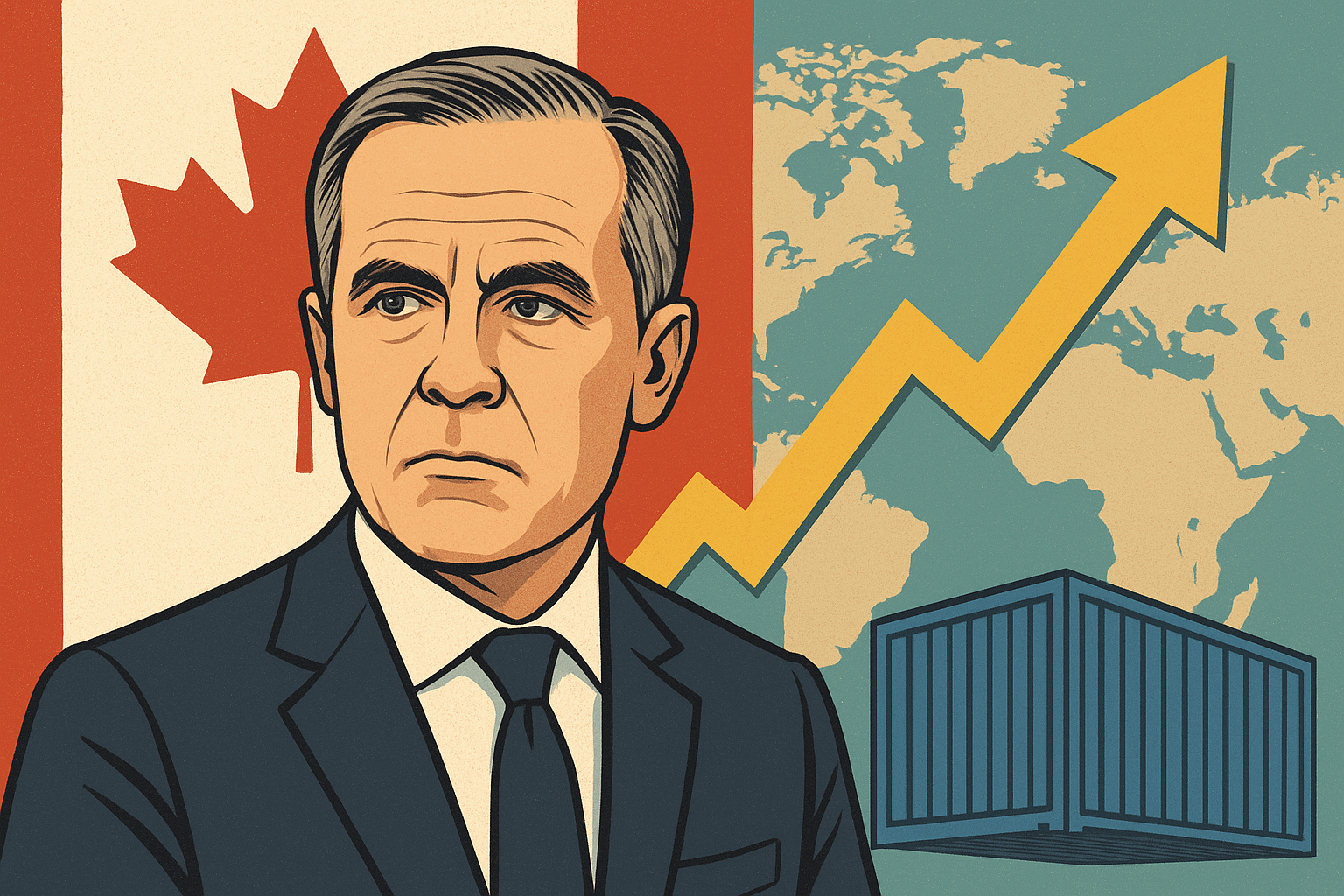 Illustration of a serious-looking man in a suit in front of the Canadian flag, with a world map, a yellow upward arrow, and a shipping container symbolizing economic growth and trade.