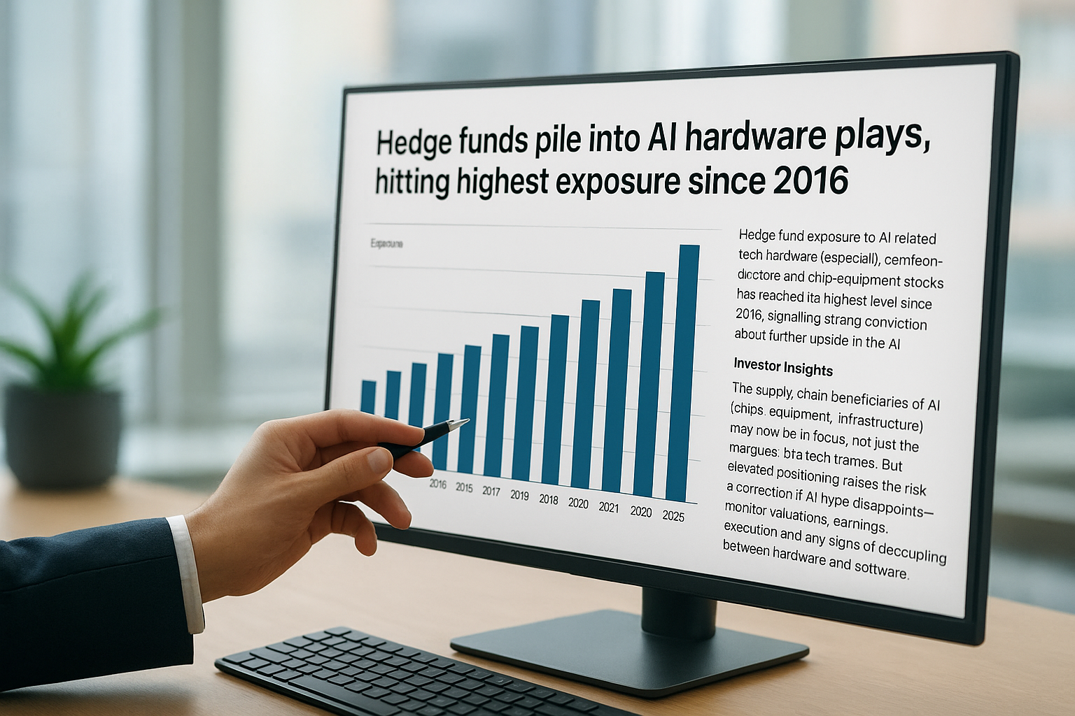 A financial analyst in a modern office points to a bar chart on a computer monitor showing the rise in hedge fund exposure to AI hardware from 2016 to 2025.