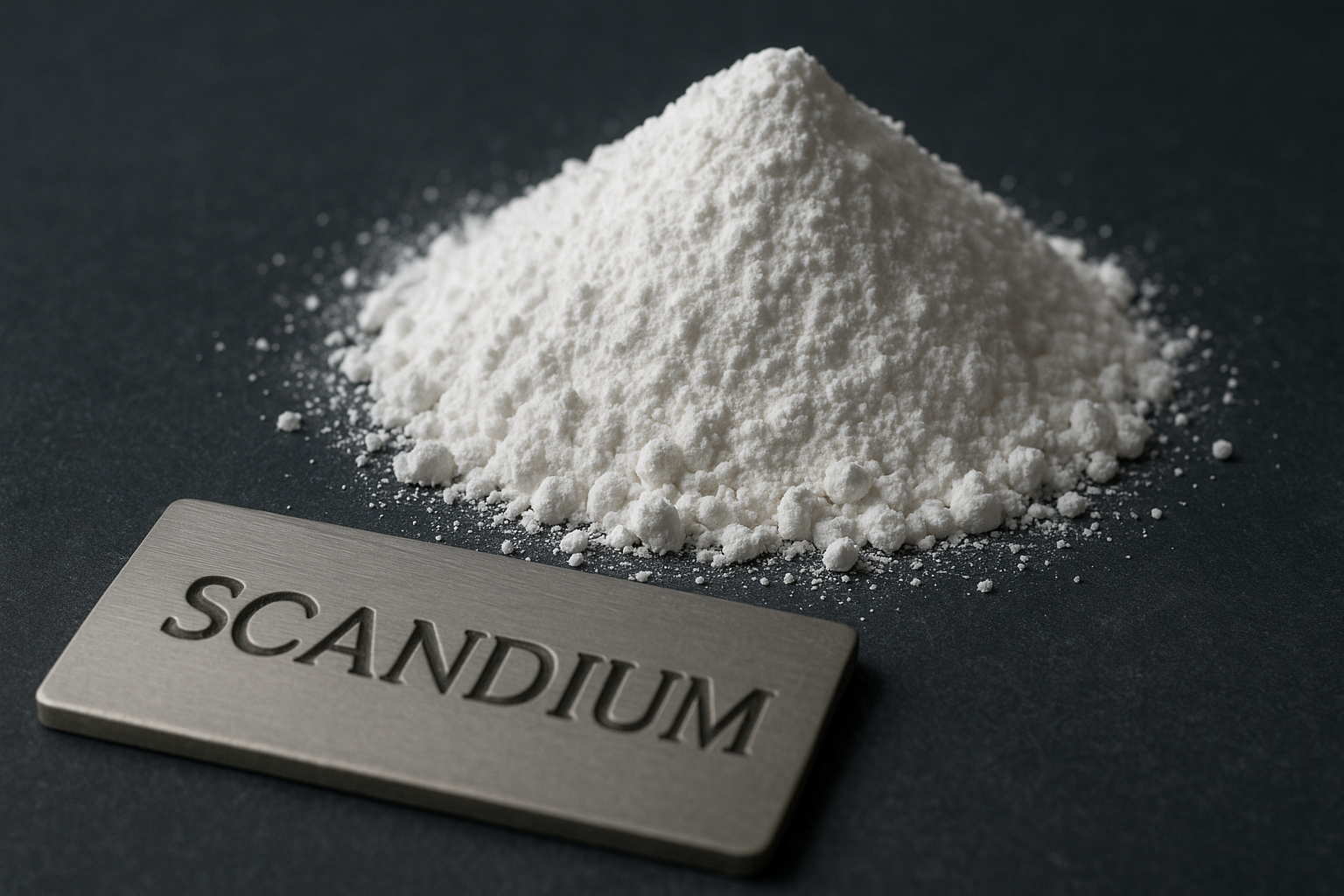 A mound of fine white scandium oxide powder beside a metallic plate engraved with the word “SCANDIUM” on a dark surface.