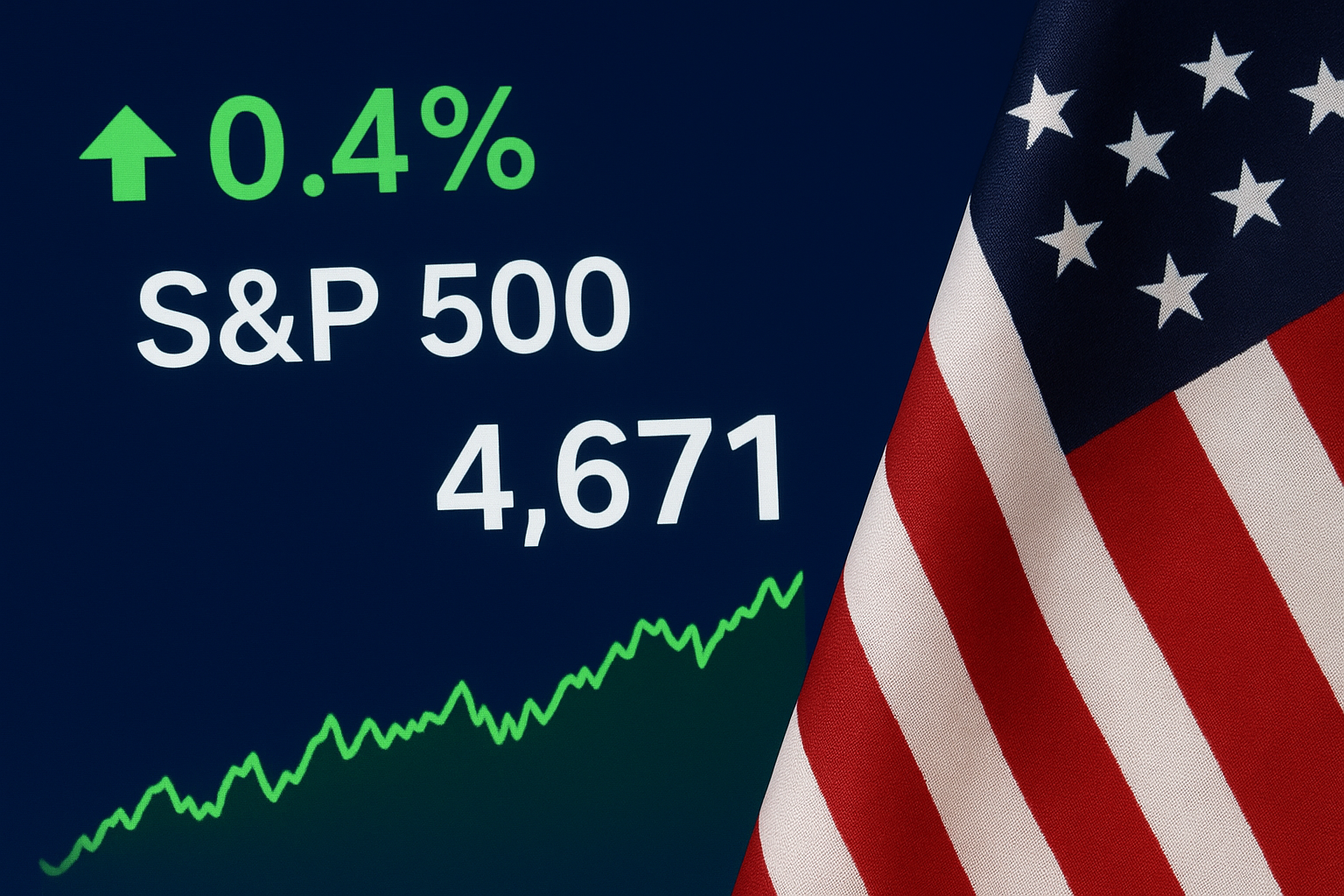 A digital display showing an upward-trending S&P 500 index beside a folded American flag, symbolizing positive U.S. market sentiment.
