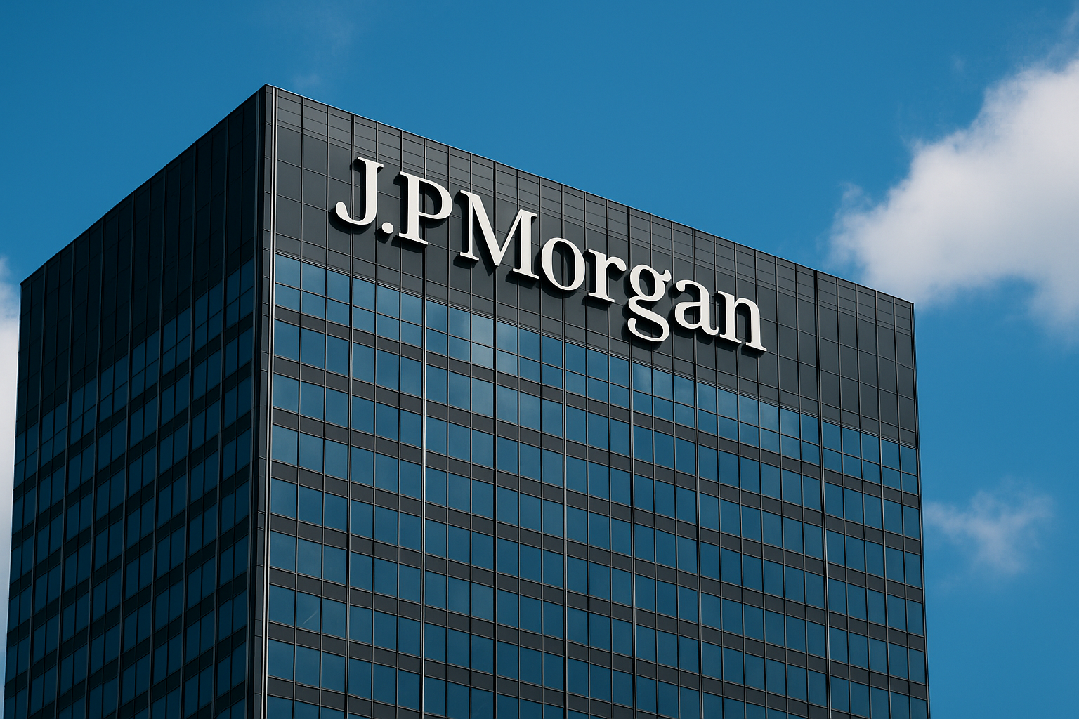 Glass-front JPMorgan Chase & Co. office building under a blue sky with clouds.