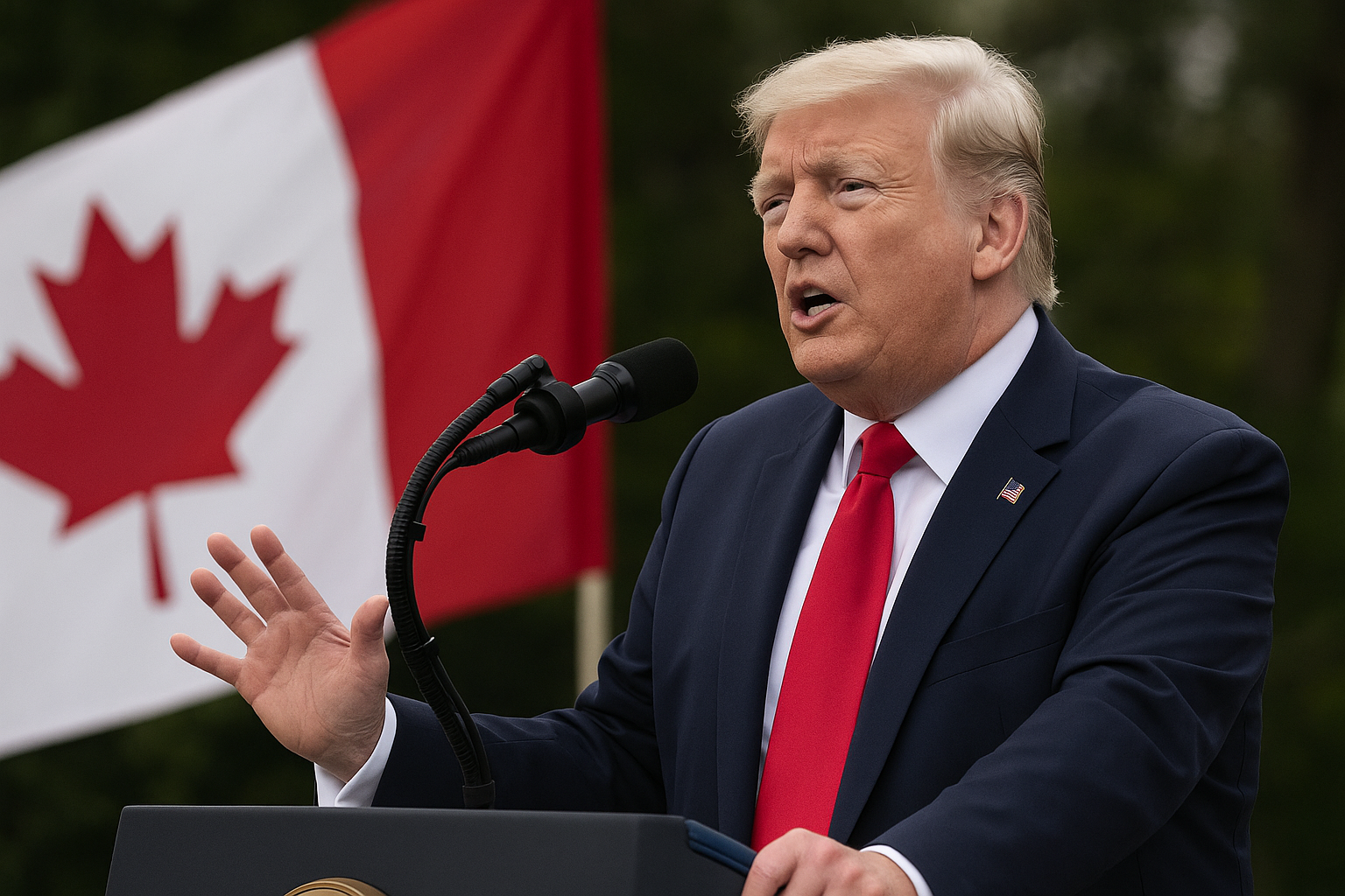 Former U.S. President Donald Trump speaking at a podium outdoors, with a blurred Canadian flag in the background.