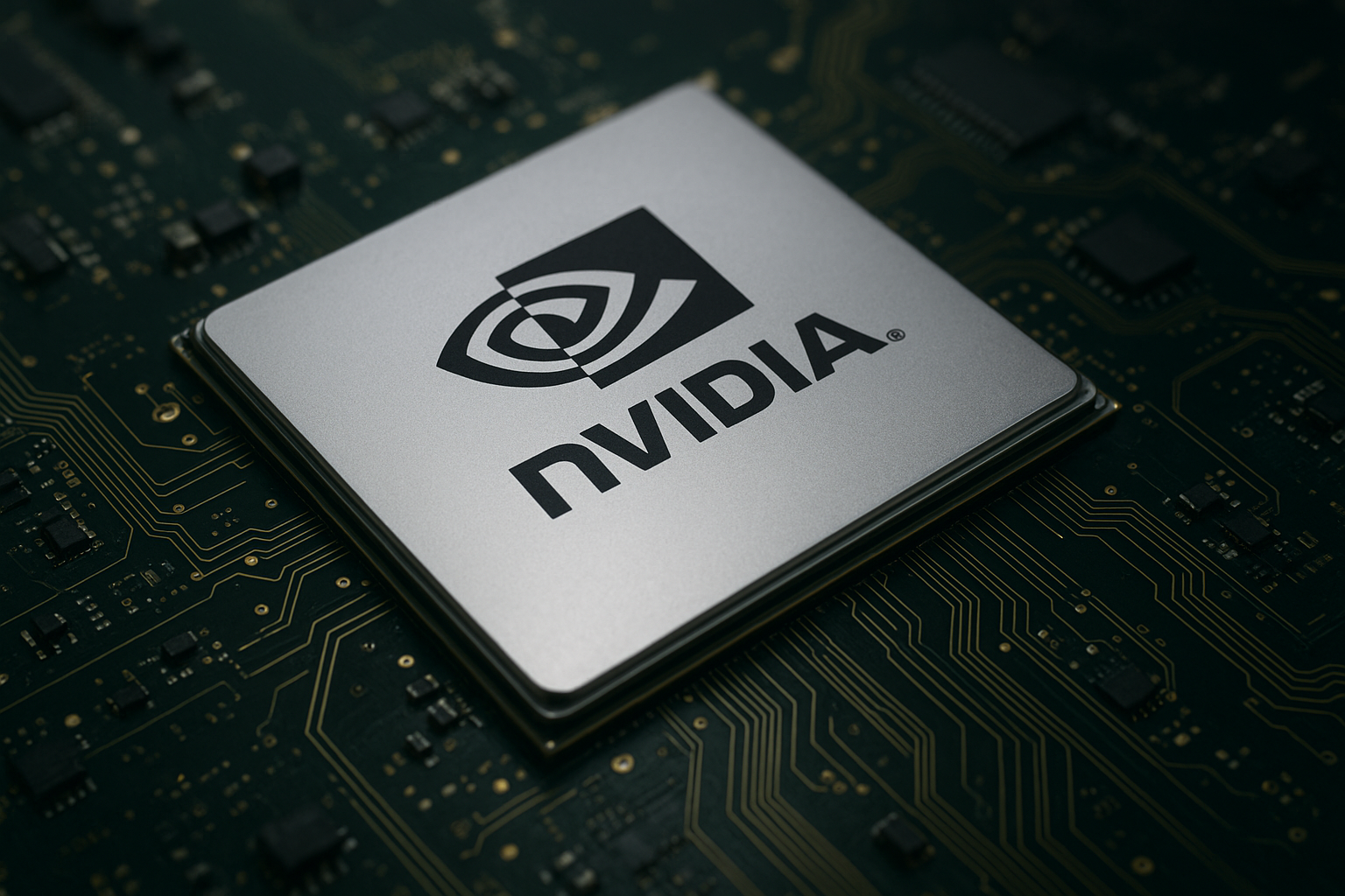 Close-up of an Nvidia semiconductor chip mounted on a green circuit board, representing the rise of AI hardware and data infrastructure.