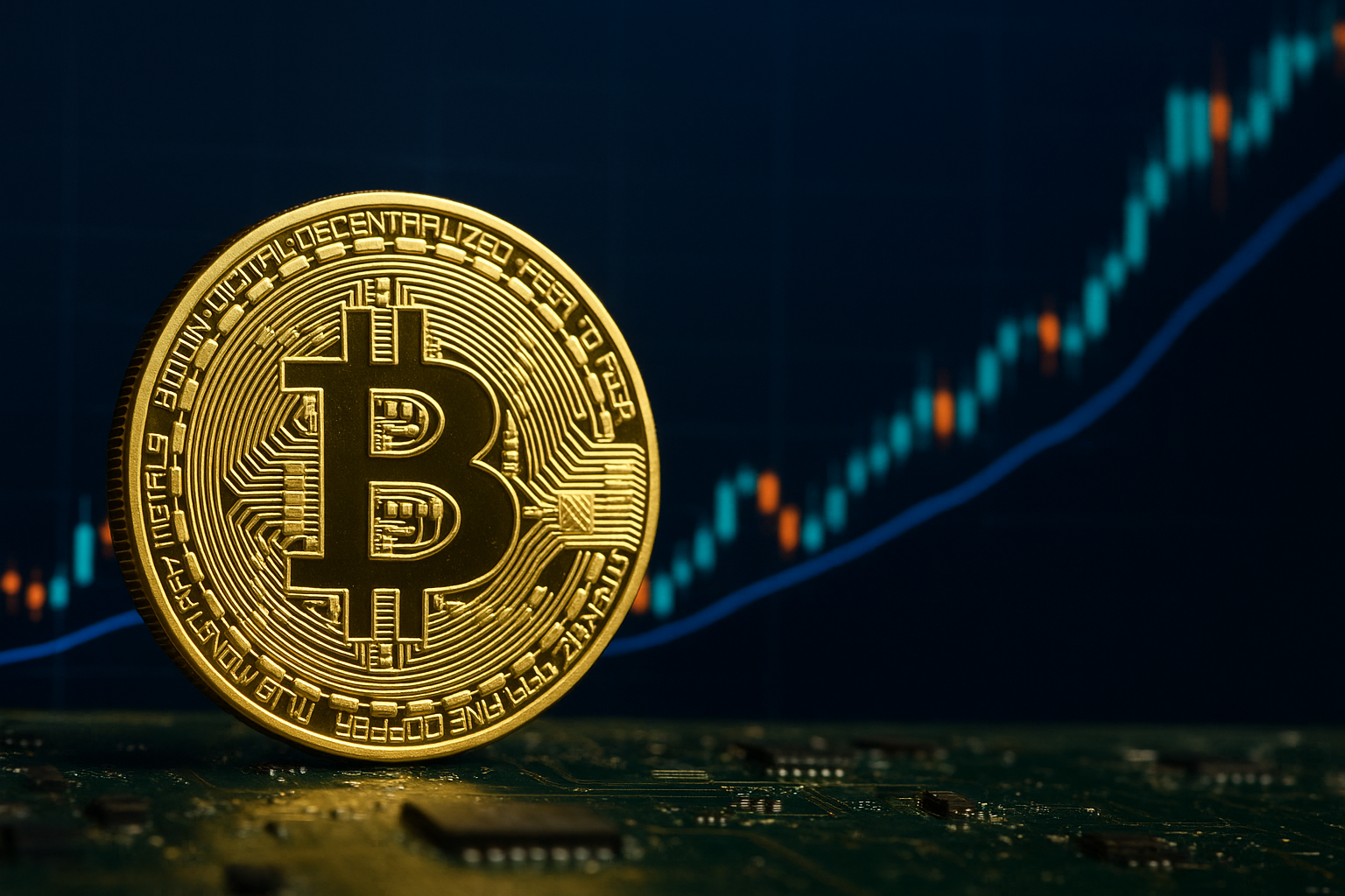 A realistic close-up of a golden Bitcoin coin standing upright on a reflective surface, surrounded by digital charts symbolizing rising crypto inflows.