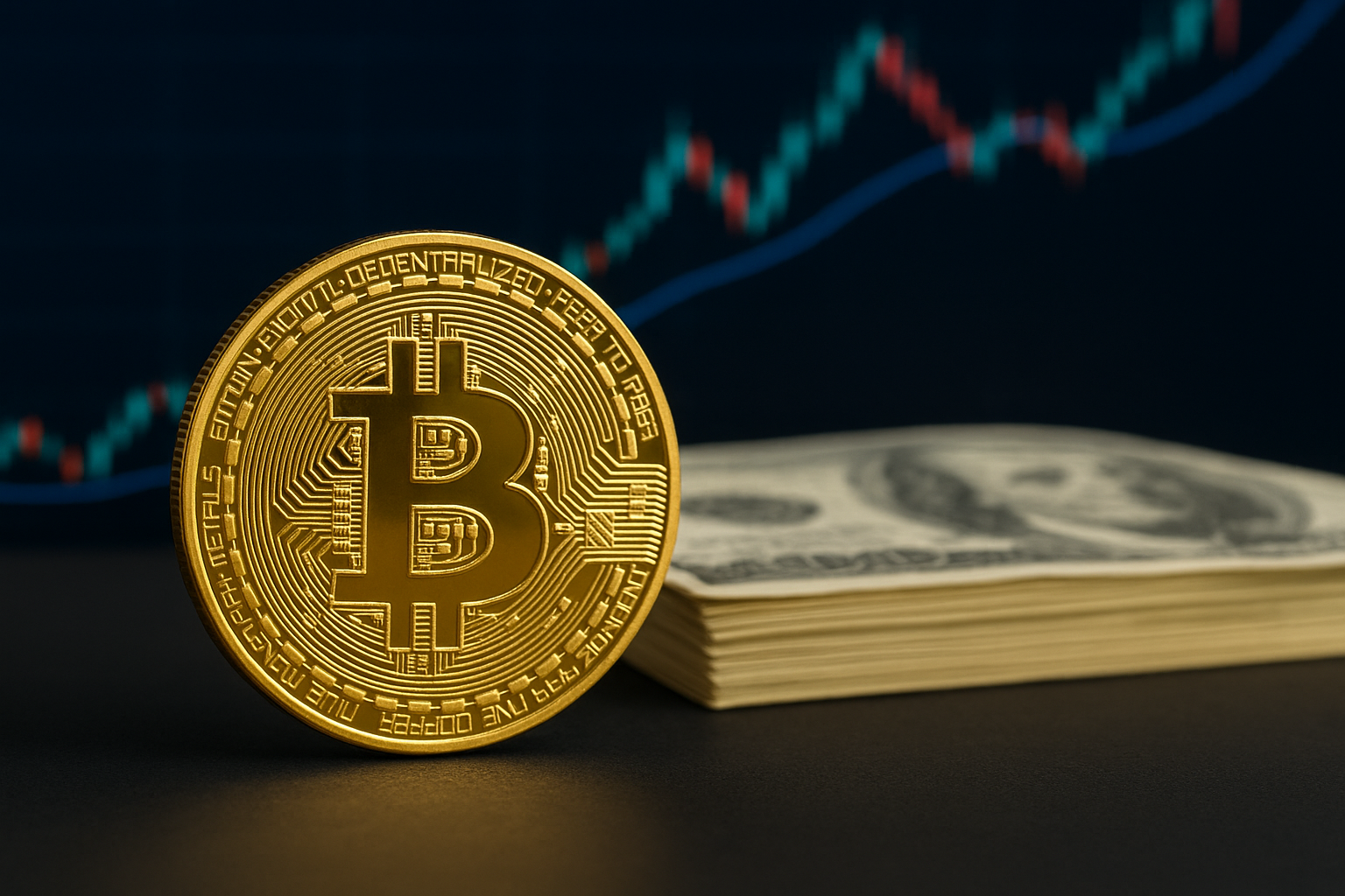 Close-up of a golden Bitcoin standing beside U.S. dollar bills with a financial chart in the background, symbolizing Bitcoin’s emergence as collateral in institutional credit markets.