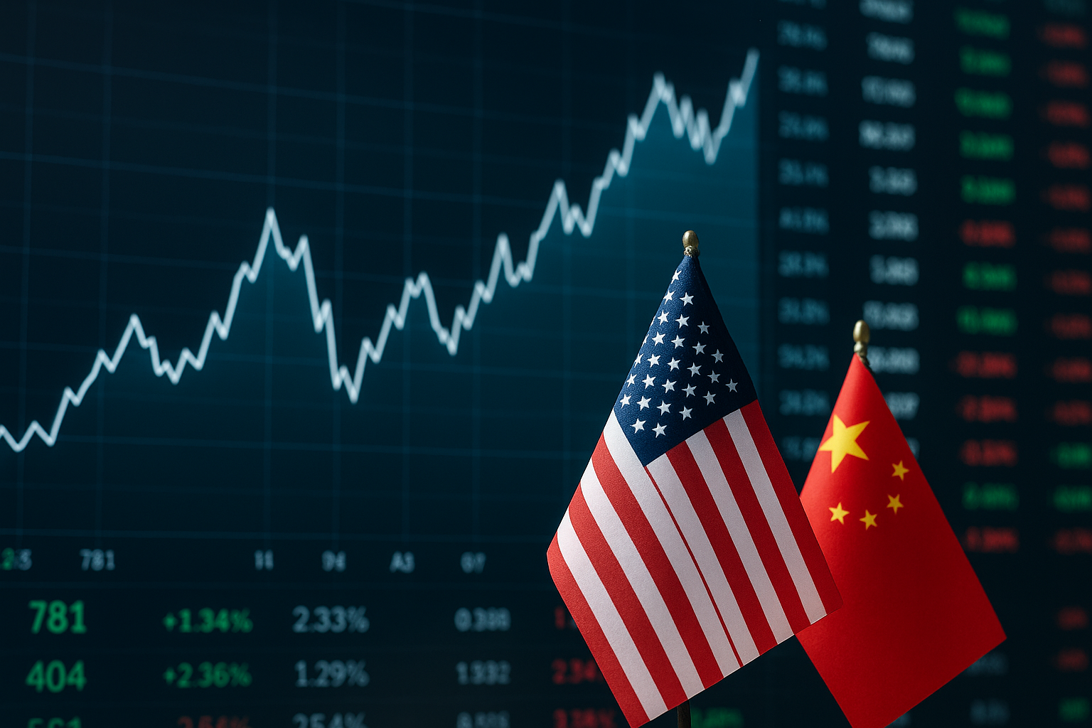 American and Chinese flags in front of a digital stock market chart showing rising global stock trends.