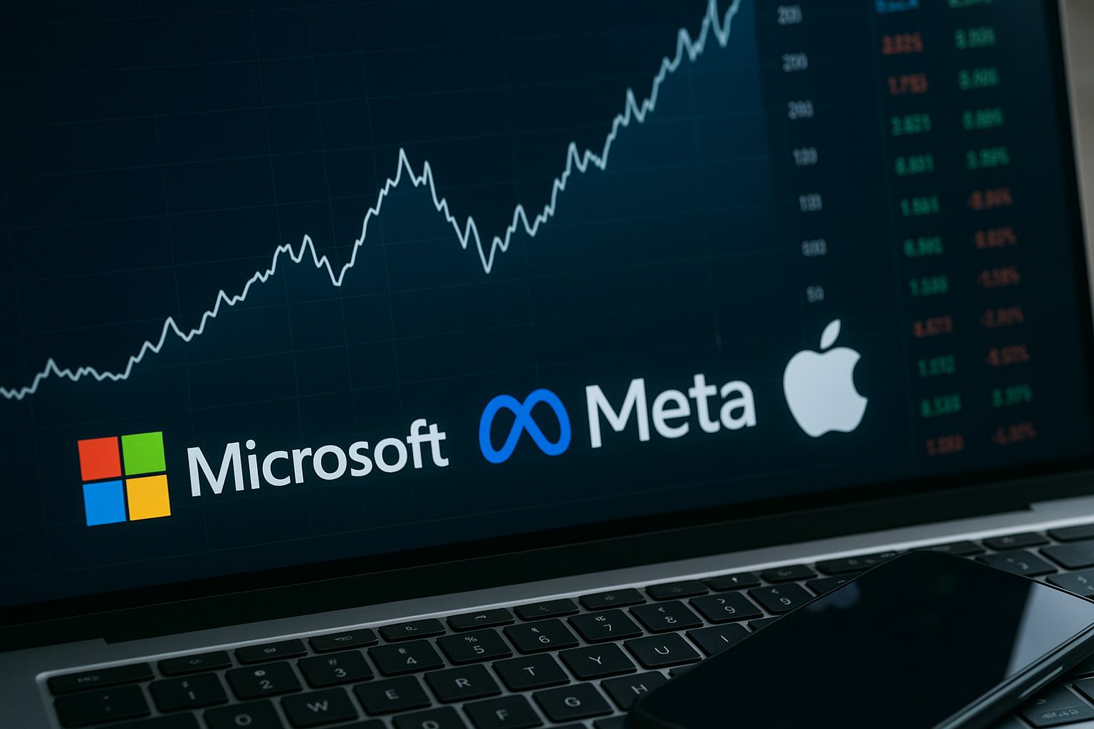 Close-up of logos for Microsoft, Apple, Alphabet, and Meta displayed on digital screens with stock market charts in the background.