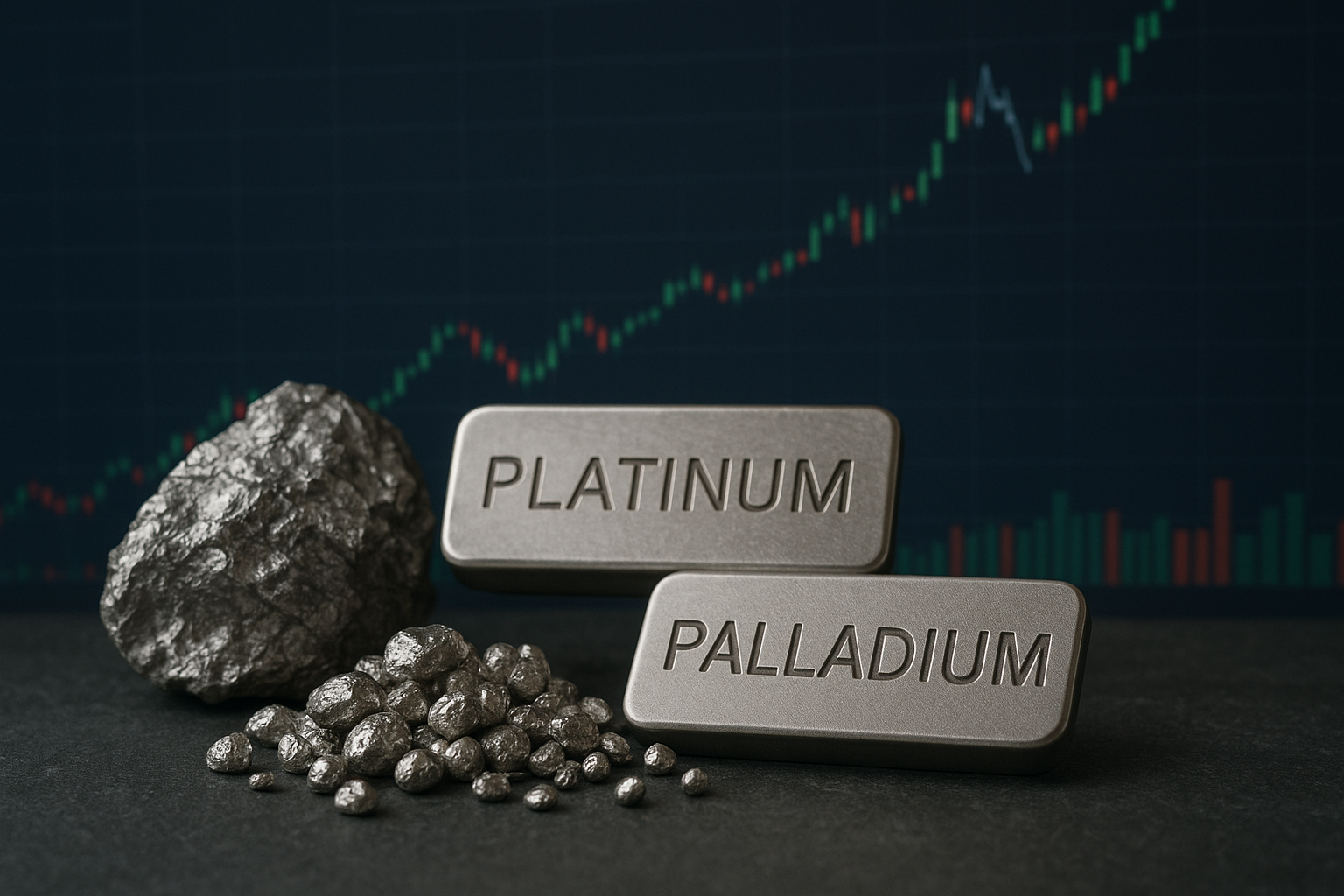Platinum and palladium metal bars with nuggets displayed in front of a rising financial chart background.