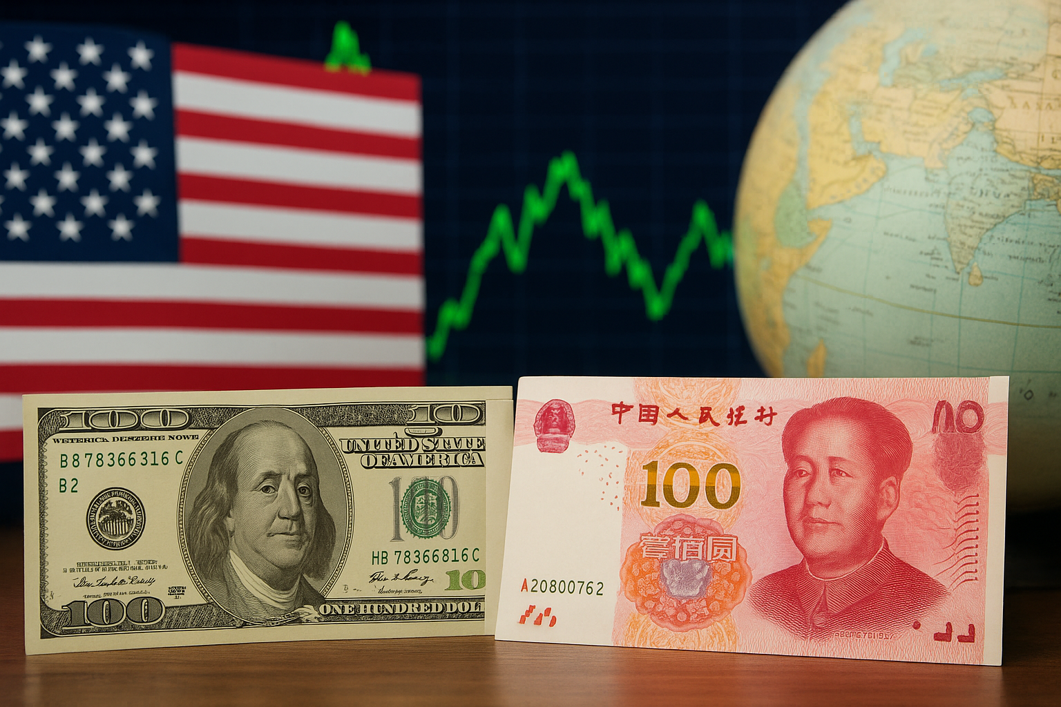 Global financial network visualized through interconnected trade routes, stock market charts, and currency symbols.