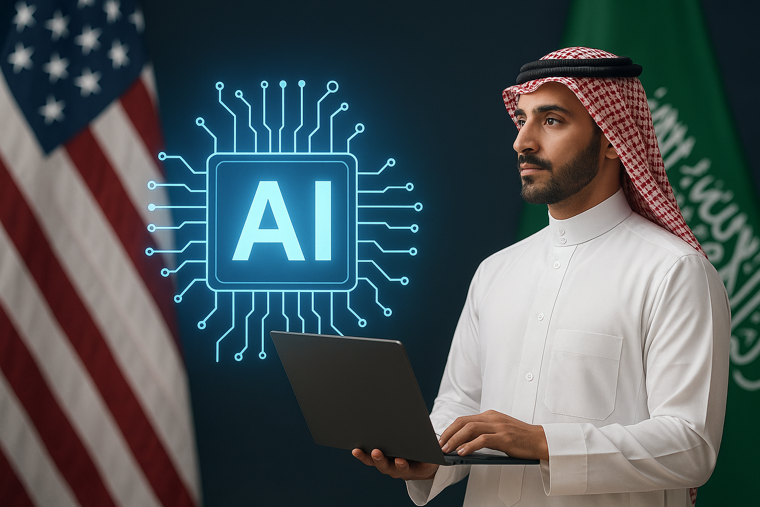 Middle Eastern businessman holding a laptop with glowing AI symbol, standing between U.S. and Saudi flags.