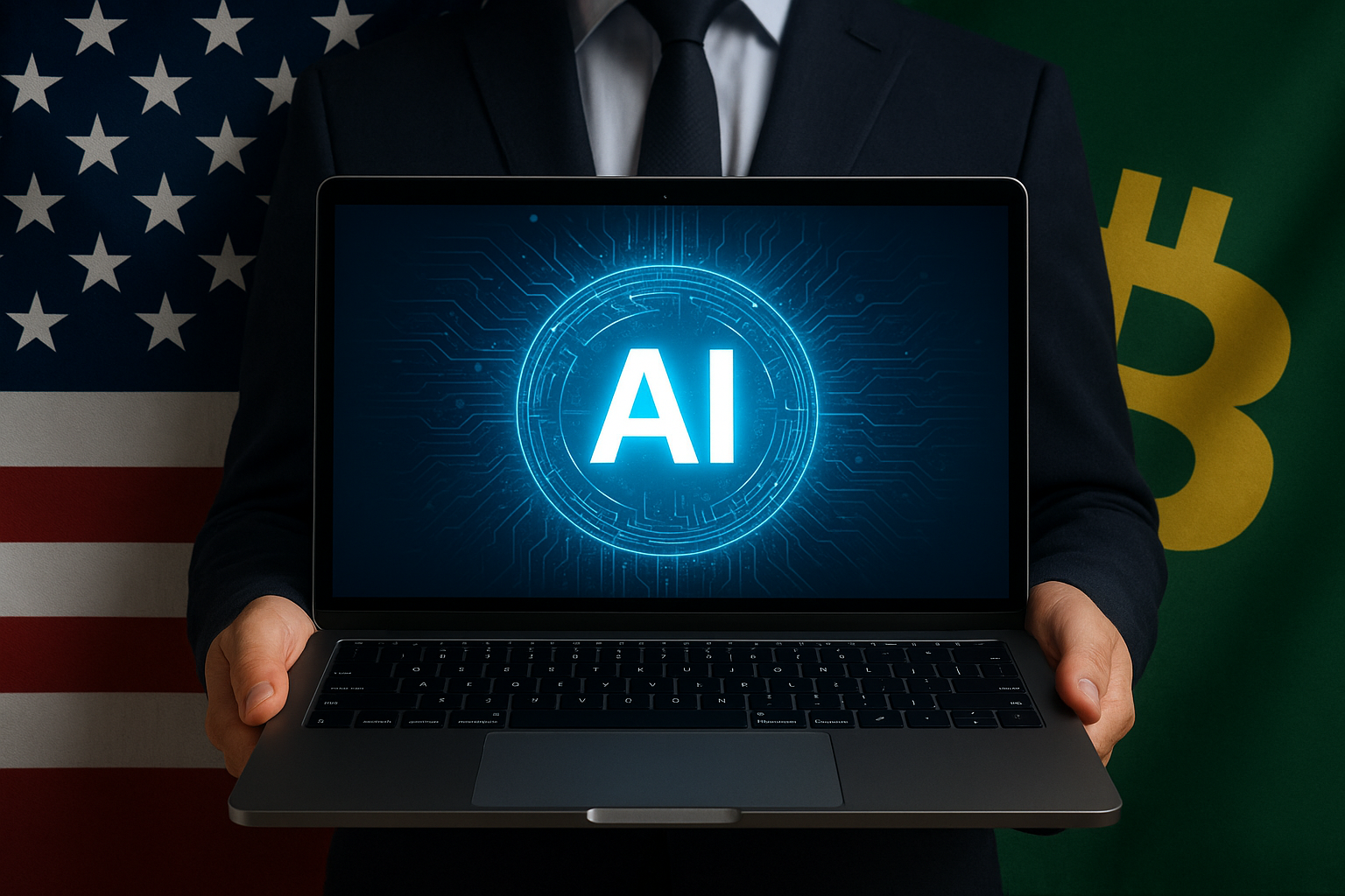 Businessperson in a suit holding a laptop with a glowing Bitcoin symbol, standing between U.S. and crypto-themed flags.