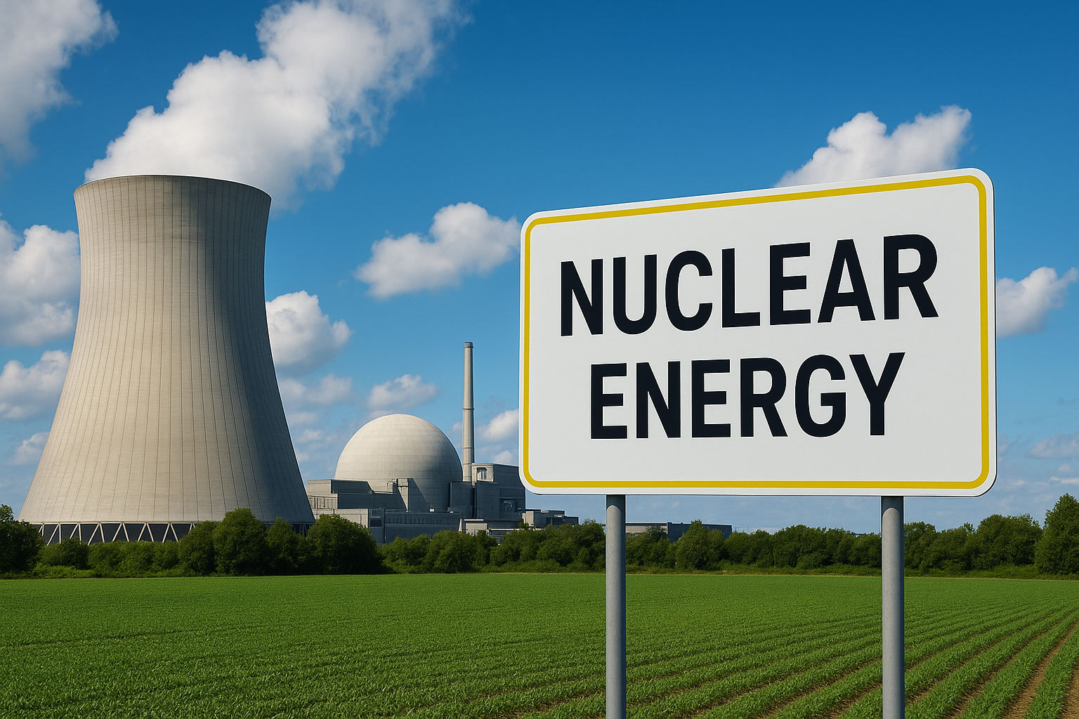 A high-resolution image showing a modern nuclear power plant complex surrounded by cooling towers emitting white steam, symbolizing clean energy progress and global cooperation.
