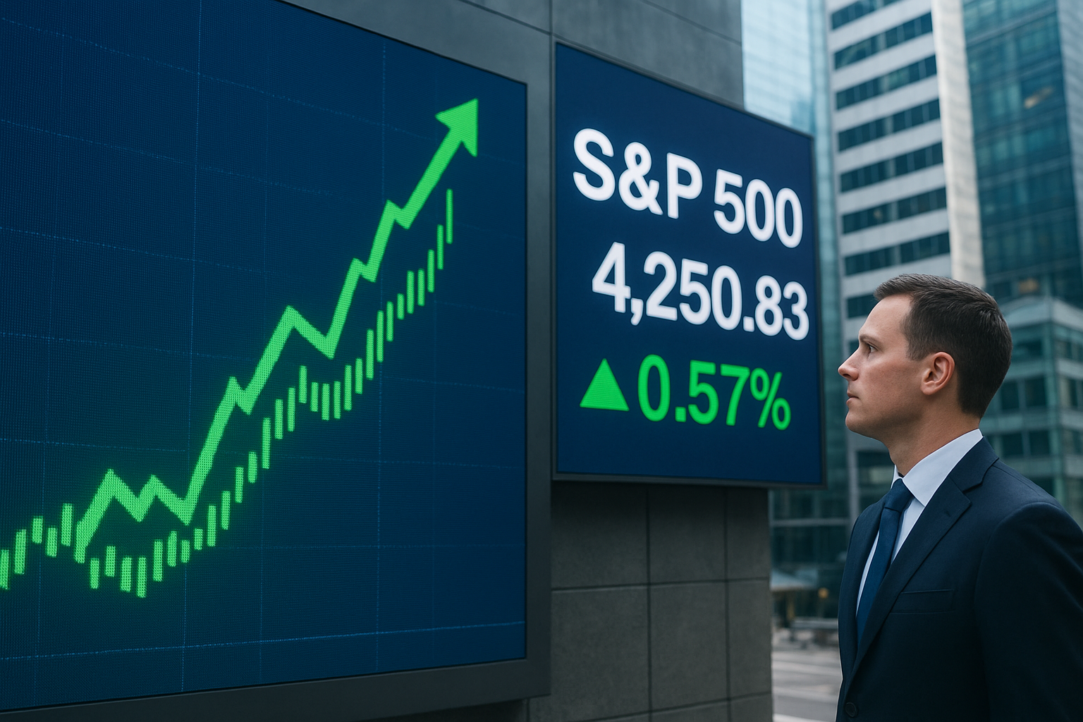 A high-resolution image showing the New York Stock Exchange trading floor with digital stock tickers displaying market data and bright screens reflecting near-record levels.