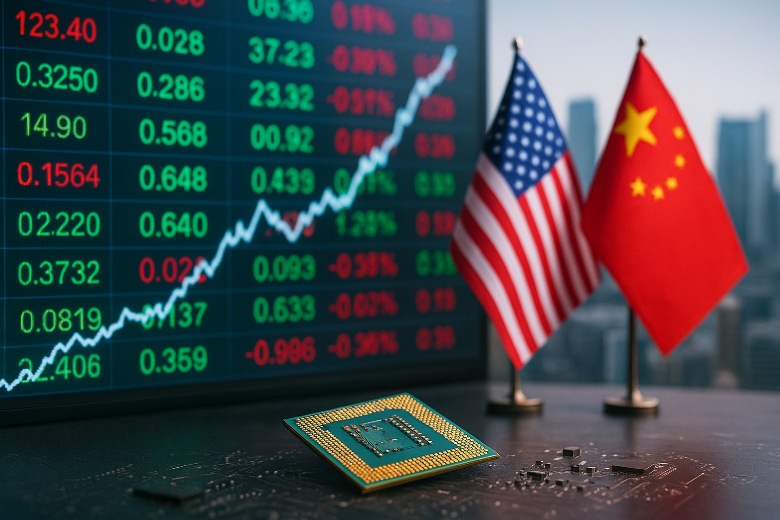Close-up of a semiconductor chip with U.S. and China flags in the background, against a stock market display showing rising prices.