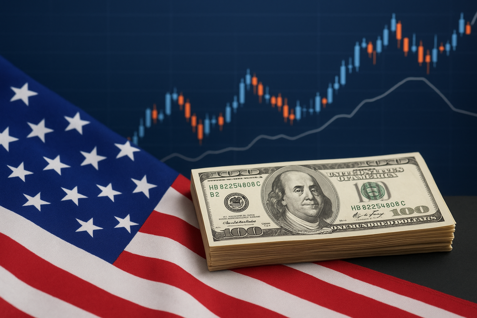 Stack of U.S. hundred-dollar bills placed on an American flag with a rising financial chart in the background.