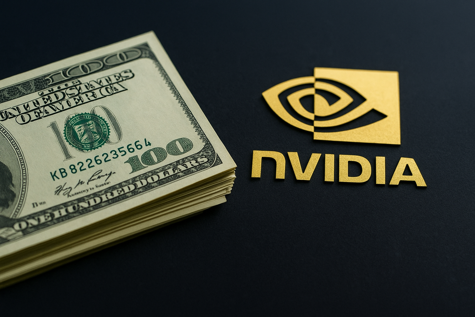 Close-up of U.S. hundred-dollar bills beside a gold Nvidia logo on a dark background, symbolizing Nvidia’s financial growth driven by AI investments.