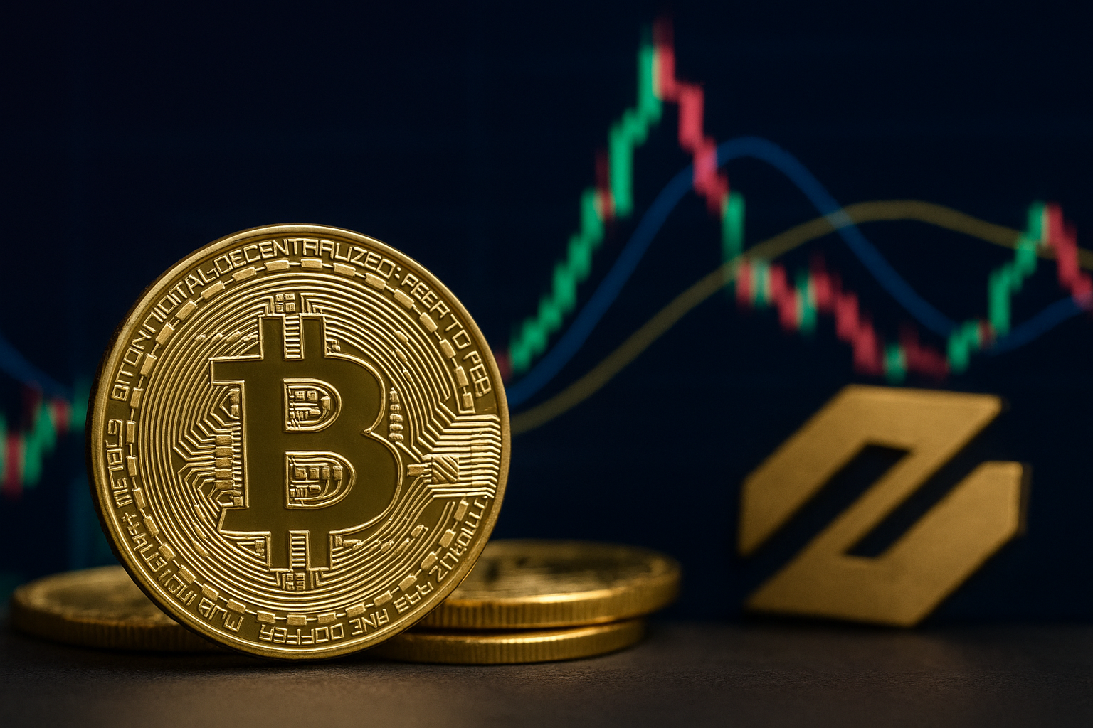 A gold Bitcoin coin in focus with a blurred financial chart in the background showing price movements.