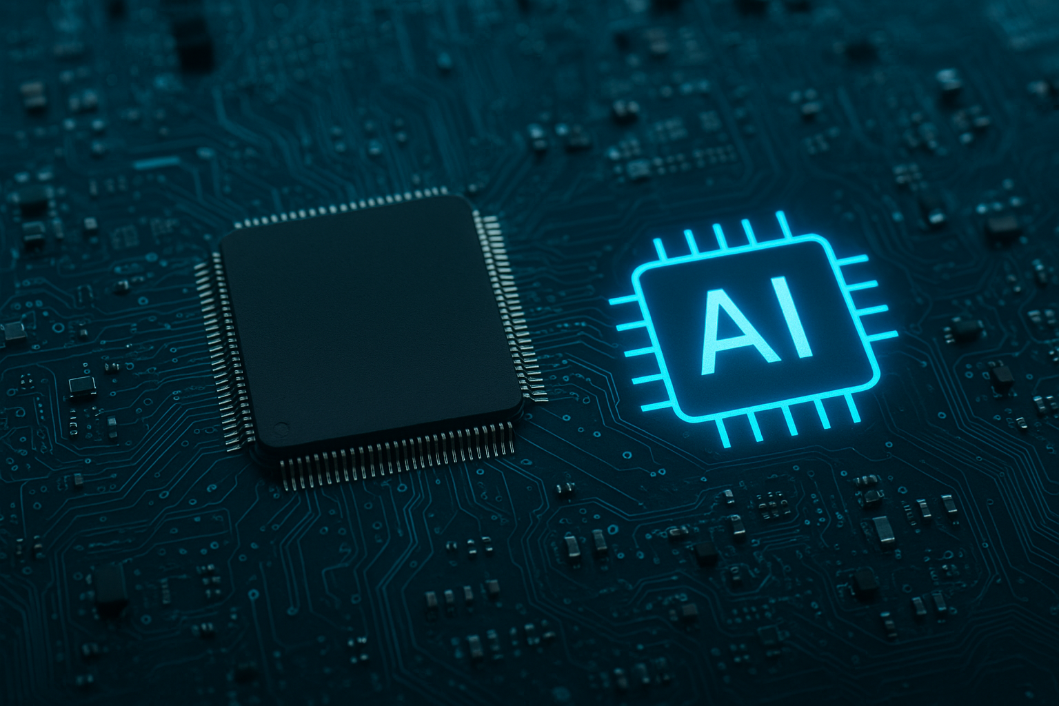 Aerial view of a modern data center surrounded by futuristic AI network visuals and bright digital cloud patterns