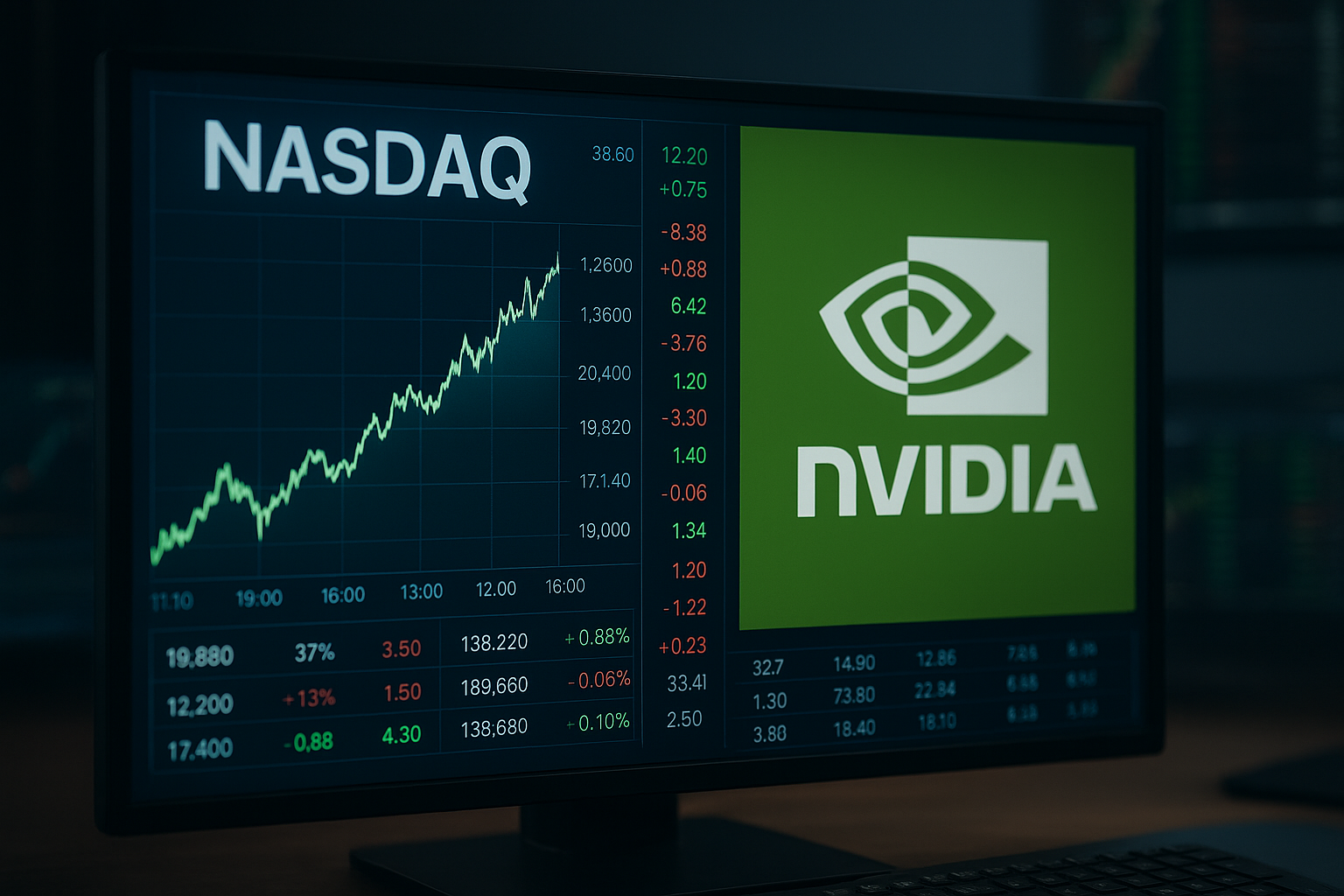 A digital trading desk showing stock charts trending upward, symbolizing Nvidia’s market surge and rising U.S. stock futures.