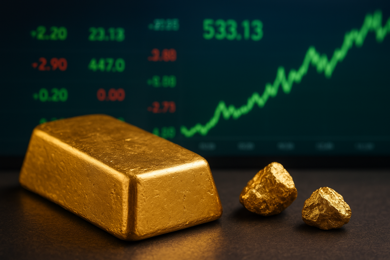 Gold bar and nuggets placed before a stock market chart showing upward trends, representing rising gold prices and mining stock gains.