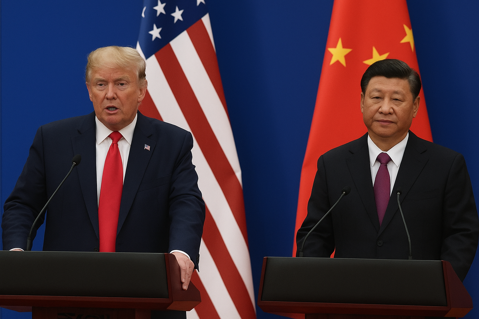 The U.S. and Chinese flags displayed side by side during a high-level diplomatic meeting, symbolizing trade negotiations.