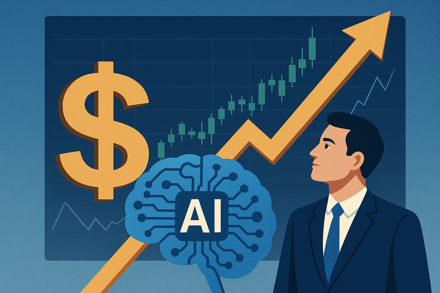 Illustration of a businessman looking at rising stock charts alongside a golden dollar sign and a digital AI brain, symbolizing the AI-driven stock market rally.
