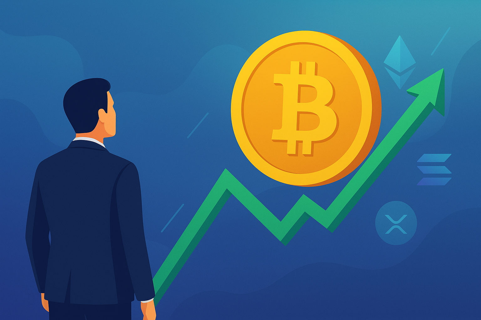 Illustration of a glowing Bitcoin symbol rising alongside digital market charts and blockchain-inspired graphics, symbolizing the surge in cryptocurrency values.