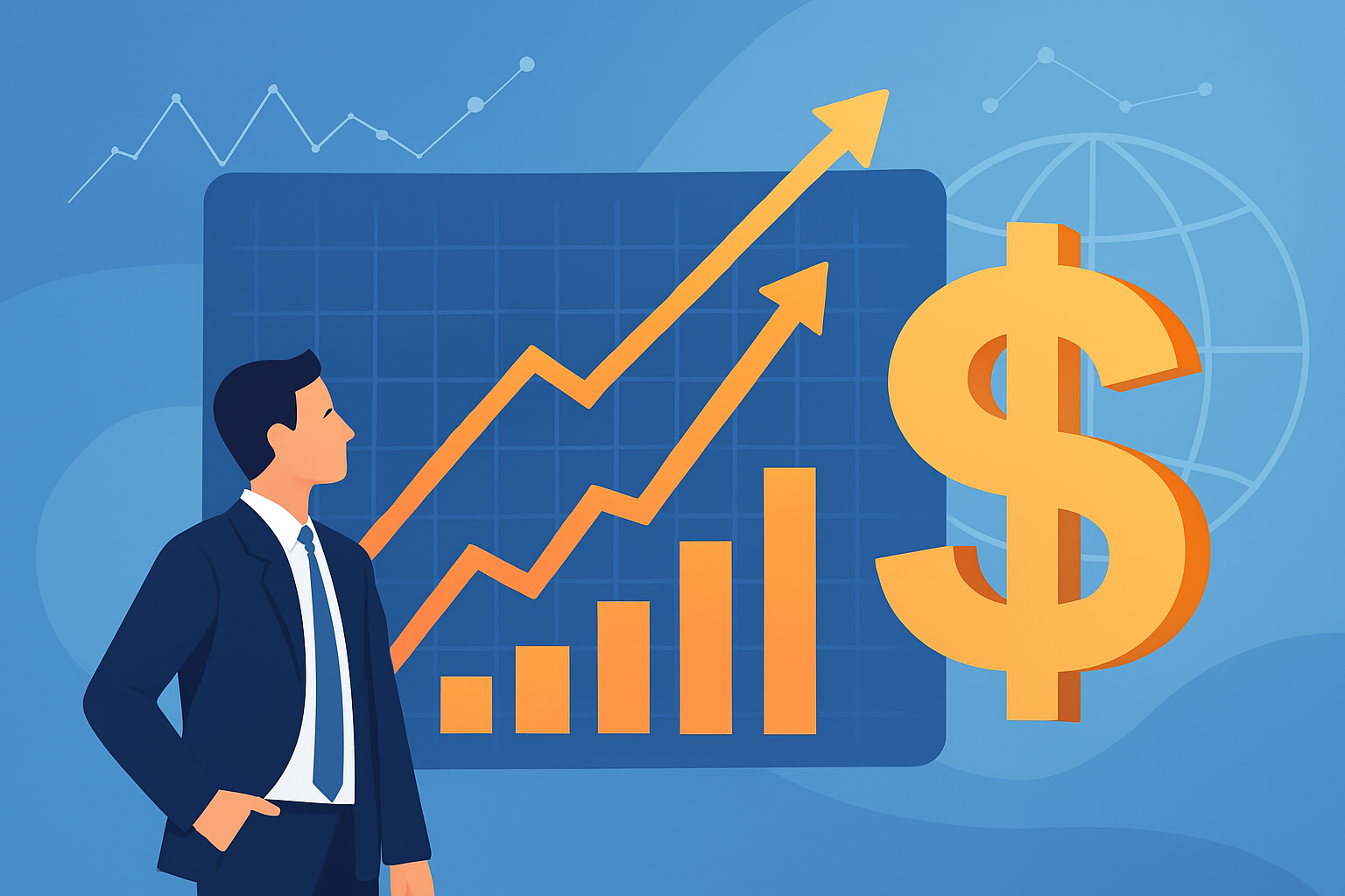 Illustration of a businessman observing a rising stock chart with orange upward-trending bars and arrows, alongside a golden dollar sign symbolizing global equity fund inflows.