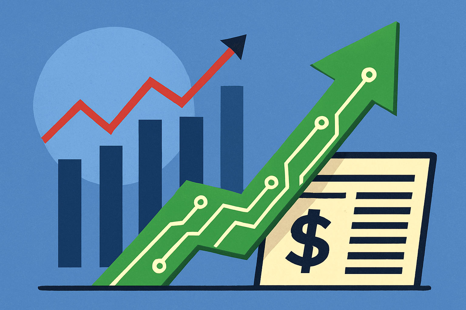 Illustration of financial growth showing rising bar and line graphs, a circuit-themed upward arrow, and a dollar sign representing stock market optimism.