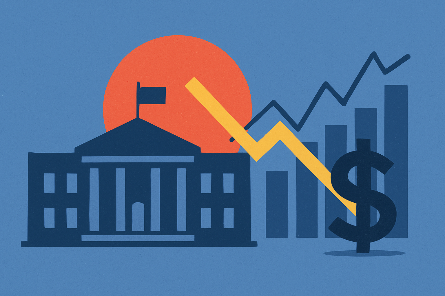 Illustration of the White House with a declining stock chart and dollar sign symbolizing financial market impact during a government shutdown.