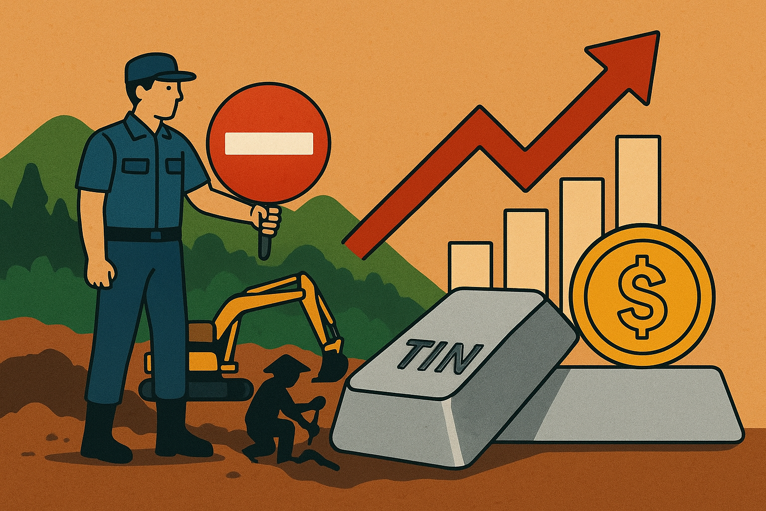 Illustration of Indonesian crackdown on illegal tin mining showing an officer with a stop sign, miners, machinery, tin ingots, rising bar charts, and an upward arrow symbolizing price increase.