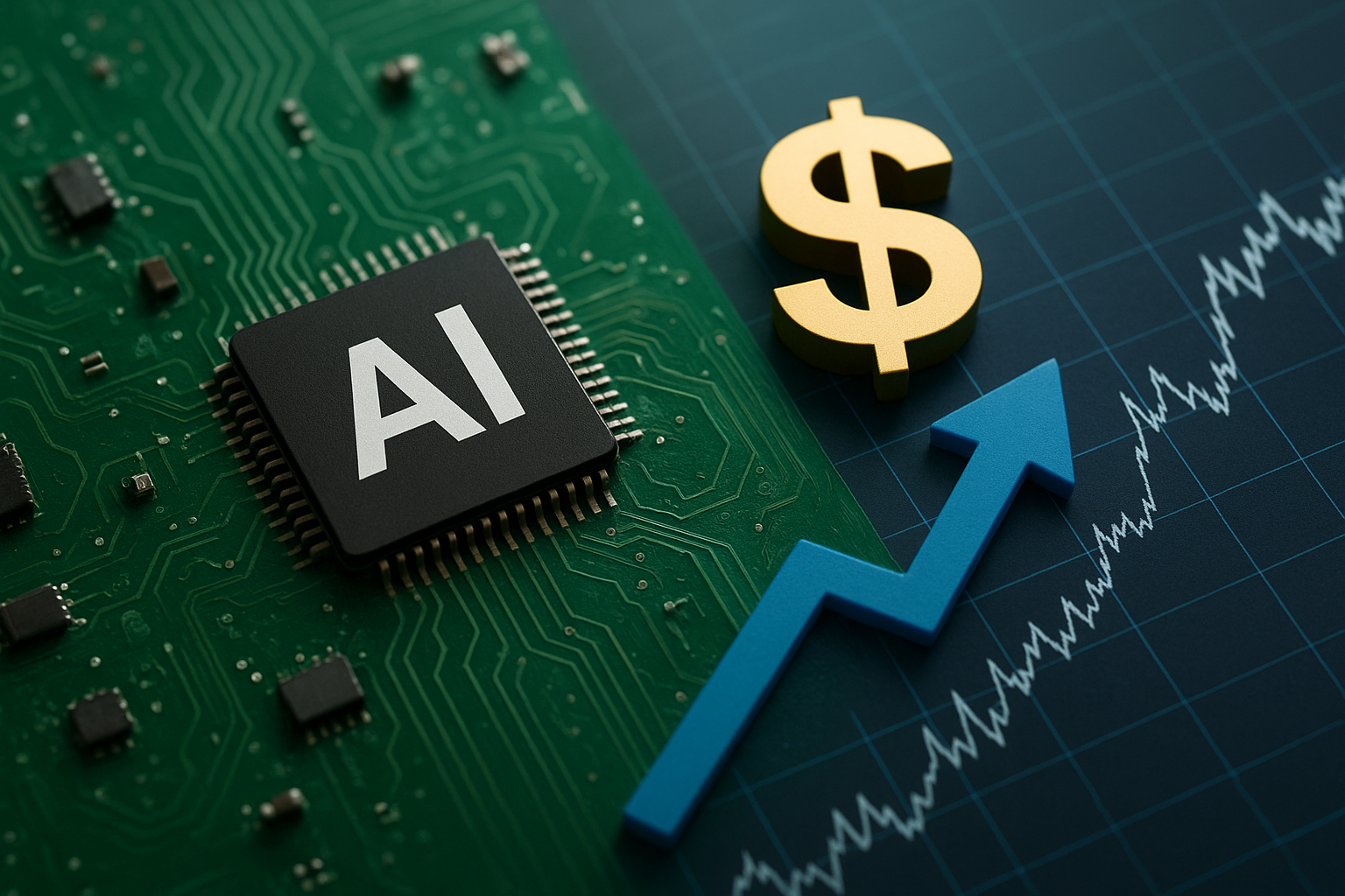 A close-up of a computer chip on a green circuit board with a gold dollar sign and a rising blue arrow symbolizing AI investment growth and financial performance.
