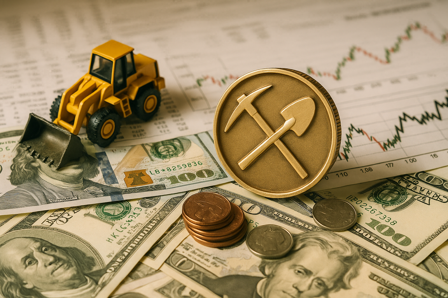 A gold coin with mining tools, U.S. dollar bills, coins, and a toy loader on stock market charts, symbolizing mining finance and equity issuance.