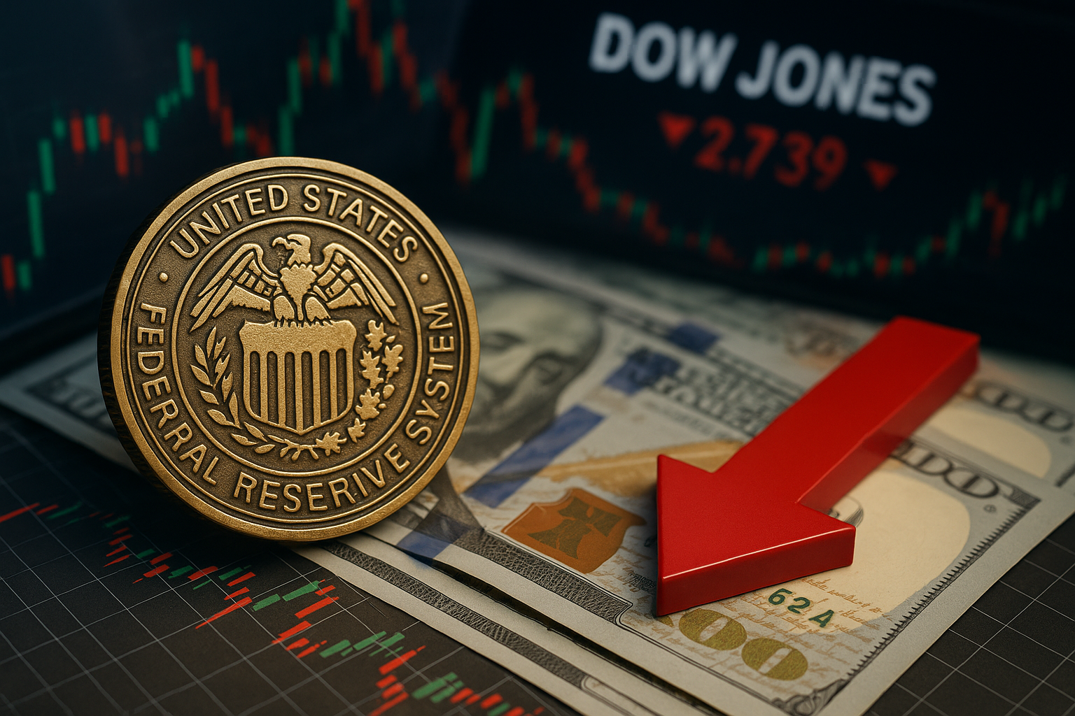 A gold Federal Reserve coin beside a red downward arrow and U.S. dollar bills, with market charts and the Dow Jones display in the background.