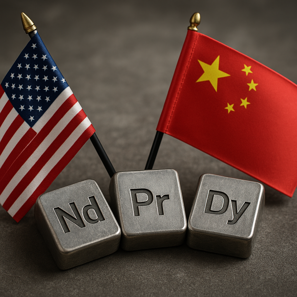 U.S. and Chinese flags stand behind metallic ingots labeled with rare earth symbols, representing neodymium, praseodymium, and dysprosium.